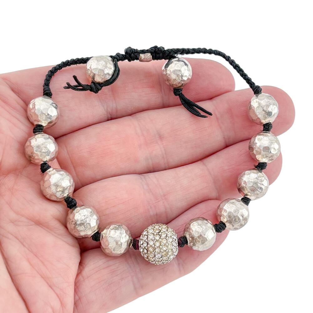 Vintage Sterling Silver 925 Hammered Ball Crystal Pave Shamballa Bracelet 5-8.5"
